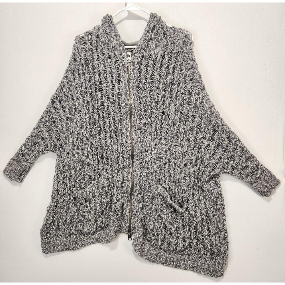 Free People Women's Size S Gray Marled Chunky Knit Hooded Zip Cardigan Sweater B